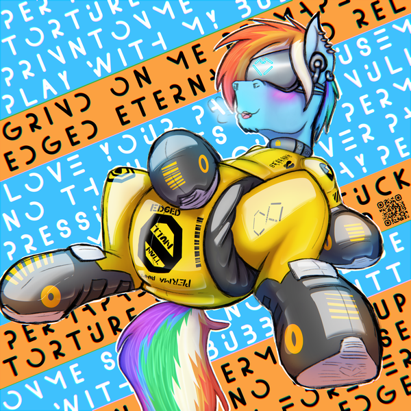 Size: 3000x3000 | Tagged: questionable, artist:frostyb, derpibooru import, rainbow dash, pegasus, pony, bodysuit, bondage, clothes, diaper, diaper suit, ear piercing, encasement, fetish, hypnosis, image, latex, latex suit, male, open mouth, permanent, permanent bondage, piercing, png, rainbow blitz, rubber, rubber suit, rule 63, solo, solo male, visor