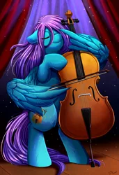 Size: 1749x2550 | Tagged: safe, artist:pridark, derpibooru import, oc, oc:swing time, unofficial characters only, pegasus, pony, bow (instrument), cello, cello bow, commission, cutie mark, eyes closed, high res, image, musical instrument, pegasus oc, png, smiling, solo, stage, wings