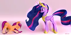 Size: 1980x972 | Tagged: safe, artist:darksly, derpibooru import, princess twilight 2.0, sunny starscout, twilight sparkle, twilight sparkle (alicorn), alicorn, earth pony, pony, the last problem, atg 2022, bowing, crown, cute, duo, eyes closed, female, g5, hoof shoes, image, jewelry, jpeg, mare, markings, newbie artist training grounds, older, older twilight, regalia, sunny and her heroine, sunnybetes, twiabetes, unshorn fetlocks