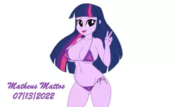 Size: 1280x774 | Tagged: suggestive, artist:matheusmattos75, derpibooru import, twilight sparkle, equestria girls, belly button, bikini, breasts, busty twilight sparkle, clothes, cutie mark bikini, female, image, jpeg, peace sign, simple background, solo, solo female, swimsuit, white background