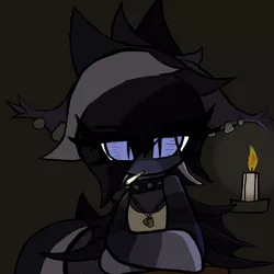 Size: 2000x2000 | Tagged: safe, artist:ponersarecute, derpibooru import, oc, unofficial characters only, bat pony, bat pony oc, bat wings, candle, candlelight, cigarette, clothes, dog tags, ear piercing, floppy ears, image, leaning on table, piercing, png, shirt, undershirt, wings