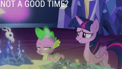 Size: 1280x720 | Tagged: safe, derpibooru import, edit, edited screencap, editor:quoterific, screencap, spike, twilight sparkle, twilight sparkle (alicorn), alicorn, dragon, pony, season 7, triple threat, cutie map, duo, female, grin, image, jpeg, male, mare, smiling, spike is not amused, text, twilight's castle, unamused