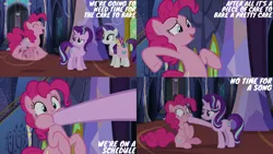 Size: 1280x720 | Tagged: safe, derpibooru import, edit, edited screencap, editor:quoterific, screencap, pinkie pie, rarity, starlight glimmer, earth pony, pony, unicorn, every little thing she does, season 6, ^^, bag, cute, diapinkes, eyes closed, female, image, jpeg, mare, open mouth, open smile, saddle bag, smiling, text, trio, twilight's castle