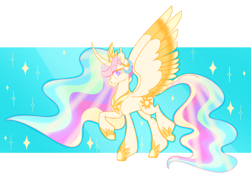 Size: 1280x916 | Tagged: safe, artist:viodacreator, derpibooru import, princess celestia, alicorn, pony, female, image, looking at you, mare, png, smiling, smiling at you, solo, sparkles, spread wings, wings