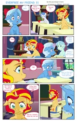 Size: 5789x9050 | Tagged: safe, artist:jeremy3, derpibooru import, sunset shimmer, trixie, pony, unicorn, comic:everfree, comic:everfree my friend, equestria girls, classroom, comic, female, filly, filly sunset shimmer, filly trixie, foal, image, jpeg, open mouth, ribbon, speech bubble, upset, younger