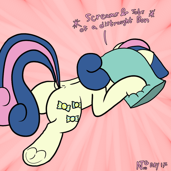 Size: 2000x2000 | Tagged: safe, artist:dafiltafish, derpibooru import, bon bon, sweetie drops, earth pony, pony, atg 2022, bon bon is not amused, butt, female, image, mare, newbie artist training grounds, pillow, png, simple background, solo, text, unamused