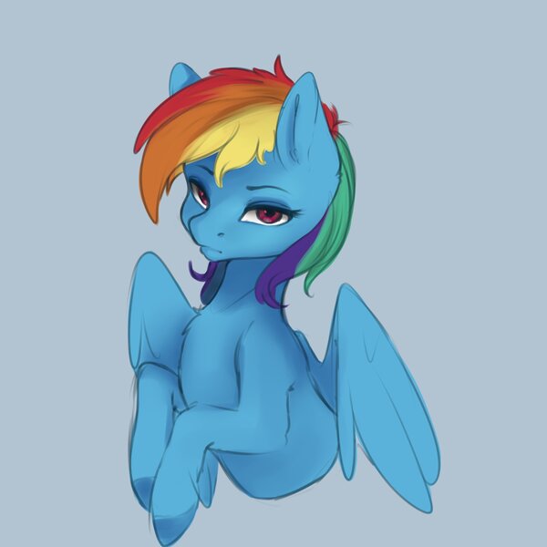 Size: 4000x4000 | Tagged: safe, artist:miokomata, derpibooru import, rainbow dash, pegasus, pony, absurd resolution, blue background, bust, female, image, jpeg, lidded eyes, looking at you, mare, simple background, solo