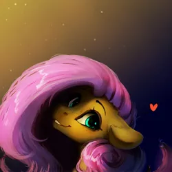 Size: 4000x4000 | Tagged: safe, artist:miokomata, derpibooru import, fluttershy, pegasus, pony, absurd resolution, bust, female, floating heart, floppy ears, freckles, freckleshy, gradient background, grin, heart, image, jpeg, looking at you, mare, smiling, smiling at you, solo