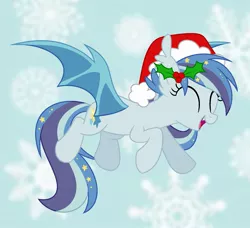 Size: 1731x1578 | Tagged: safe, artist:owlity, derpibooru import, oc, oc:star struck, unofficial characters only, bat pony, pony, christmas, cute, eyes closed, fangs, female, flying, hat, holiday, image, jpeg, open mouth, open smile, santa hat, smiling, solo, spread wings, wings