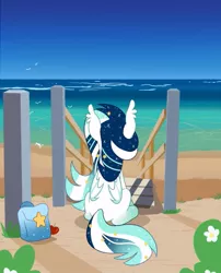 Size: 583x722 | Tagged: safe, artist:owlity, derpibooru import, oc, oc:wistful galaxy, unofficial characters only, bat pony, pony, bag, beach, female, image, jpeg, ocean, rear view, saddle bag, solo, water