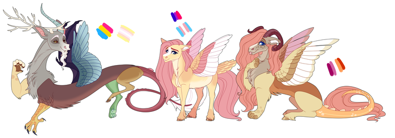 Size: 6000x2100 | Tagged: safe, artist:uunicornicc, derpibooru import, discord, fluttershy, oc, oc:iris, draconequus, hybrid, pony, alternate design, bisexual pride flag, colored wings, discoshy, draconequus oc, female, image, interspecies offspring, lesbian pride flag, male, mare, multicolored wings, offspring, pansexual pride flag, parent:discord, parent:fluttershy, parents:discoshy, png, pride, pride flag, shipping, simple background, straight, trans female, transgender pride flag, white background, wings