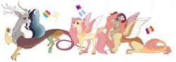 Size: 6000x2100 | Tagged: safe, artist:uunicornicc, derpibooru import, discord, fluttershy, oc, oc:iris, draconequus, hybrid, pony, alternate design, bisexual pride flag, colored wings, discoshy, draconequus oc, female, image, interspecies offspring, lesbian pride flag, male, mare, mouthpiece, multicolored wings, offspring, pansexual pride flag, parent:discord, parent:fluttershy, parents:discoshy, png, politics, pride, pride flag, shipping, simple background, straight, trans female, transgender pride flag, white background, wings