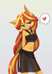 Size: 1000x1407 | Tagged: safe, artist:howxu, derpibooru import, part of a set, sunset shimmer, anthro, equestria girls, arm behind back, bare shoulders, belly button, blushing, breasts, clothes, female, gradient background, image, looking at you, png, reasonably sized breasts, seduction, sleeveless, solo, speech bubble, spoken heart, swimsuit