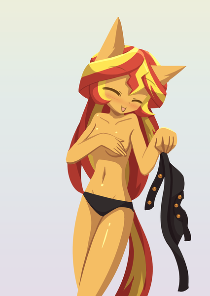 Size: 1000x1407 | Tagged: suggestive, artist:howxu, derpibooru import, part of a set, sunset shimmer, anthro, equestria girls, :p, adorasexy, adorkasexy, arm behind back, belly button, blushing, breasts, busty sunset shimmer, clothes, covering, covering breasts, cute, eyes closed, female, gradient background, image, looking at you, nudity, partial nudity, png, reasonably sized breasts, seduction, sexy, silly, silly face, solo, solo female, speech bubble, stripping, swimsuit, tongue out, topless, undressing