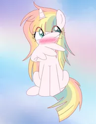 Size: 975x1255 | Tagged: safe, artist:owlity, derpibooru import, oc, oc:sweet dreams, unofficial characters only, alicorn, pony, blushing, female, hiding behind wing, image, jpeg, looking away, simple background, solo, wings