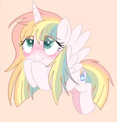 Size: 982x1026 | Tagged: safe, artist:owlity, derpibooru import, oc, oc:sweet dreams, unofficial characters only, alicorn, pony, blushing, female, flying, image, jpeg, looking up, simple background, solo, spread wings, wings