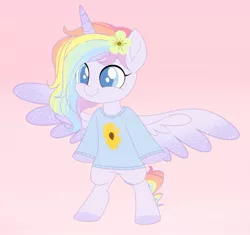 Size: 849x797 | Tagged: safe, artist:owlity, derpibooru import, oc, oc:flower power, unofficial characters only, alicorn, pony, bipedal, clothes, female, flower, flower in hair, image, jpeg, simple background, smiling, solo, spread wings, sweater, wings