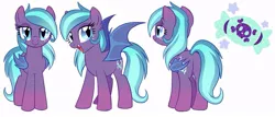 Size: 967x415 | Tagged: safe, artist:owlity, derpibooru import, oc, oc:snarky sweets, unofficial characters only, bat pony, pony, fangs, female, image, jpeg, looking at you, open mouth, open smile, reference sheet, simple background, smiling, solo, spread wings, white background, wings