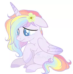 Size: 1649x1656 | Tagged: safe, artist:owlity, derpibooru import, oc, oc:flower power, unofficial characters only, alicorn, pony, crying, female, flower, flower in hair, image, jpeg, looking down, raised hoof, simple background, sitting, solo, white background