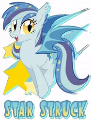 Size: 768x1024 | Tagged: safe, artist:owlity, derpibooru import, oc, oc:star struck, unofficial characters only, bat pony, pony, fangs, female, image, jpeg, jumping, looking at you, open mouth, open smile, simple background, smiling, solo, text, white background
