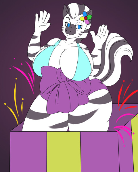 Size: 1024x1280 | Tagged: suggestive, artist:axelferdinan, artist:beholdervee, derpibooru import, oc, unofficial characters only, anthro, zebra, bedroom eyes, big breasts, bikini, bikini top, breasts, clothes, comic, commission, digital art, female, image, jpeg, looking at you, present, ribbon, solo, swimsuit, tail, thighs, thunder thighs, ych result, zebra oc