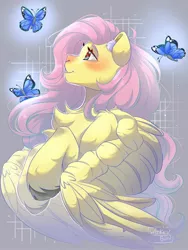 Size: 1500x2000 | Tagged: safe, artist:mikkybun, derpibooru import, fluttershy, butterfly, insect, pegasus, pony, blushing, bust, chest fluff, cloven hooves, female, image, jpeg, looking up, mare, profile, signature, solo, unshorn fetlocks