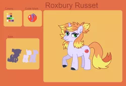 Size: 1084x746 | Tagged: safe, artist:miss-barker, derpibooru import, oc, oc:roxbury russet, unofficial characters only, pony, unicorn, female, image, mare, offspring, parent:braeburn, parent:rarity, parents:rariburn, png, reference sheet, solo