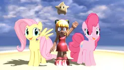 Size: 1280x720 | Tagged: safe, artist:kasden95, derpibooru import, fluttershy, pinkie pie, pegasus, pony, robot, 3d, baby luma, crossover, female, gynoid, image, looking at you, luma, mare, megaman, png, roll, smiling, smiling at you, super mario bros., super mario galaxy, waving at you