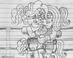 Size: 1280x1013 | Tagged: safe, artist:ct1443ae, derpibooru import, fluttershy, pinkie pie, earth pony, pegasus, semi-anthro, boxing, boxing gloves, boxing ring, hug, image, jpeg, lined paper, mouth guard, open mouth, pencil drawing, sports, traditional art