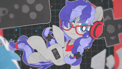 Size: 1280x720 | Tagged: safe, artist:lexiedraw, derpibooru import, oc, oc:cinnabyte, unofficial characters only, earth pony, pony, animated, headphones, image, looking at you, one eye closed, smiling, solo, webm, wink