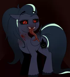 Size: 1555x1723 | Tagged: semi-grimdark, artist:arume_lux, derpibooru import, oc, oc:arkessa, unofficial characters only, pegasus, pony, blood, fangs, image, long tongue, png, ponytail, red eyes, solo, tongue out