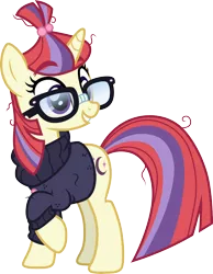 Size: 3000x3866 | Tagged: safe, artist:ambassad0r, artist:cloudyglow, derpibooru import, moondancer, pony, unicorn, the point of no return, .ai available, clothes, female, glasses, high res, horn, image, mare, png, raised hoof, simple background, solo, sweater, tail, transparent background, vector