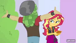 Size: 640x360 | Tagged: safe, derpibooru import, screencap, sandalwood, sunset shimmer, a fine line, equestria girls, equestria girls series, :o, animated, clothes, cutie mark, cutie mark on clothes, duo, female, geode of empathy, gif, gifs.com, image, jewelry, leather, leather vest, magical geodes, male, mobile phone, necklace, one eye closed, open mouth, phone, smartphone, vest