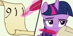 Size: 1000x494 | Tagged: safe, derpibooru import, edit, twilight sparkle, twilight sparkle (alicorn), alicorn, pony, season 4, testing testing 1-2-3, 911, female, frown, image, implied facepalm, mare, meme, png, quill, scroll, twilight sparkle is not amused, unamused