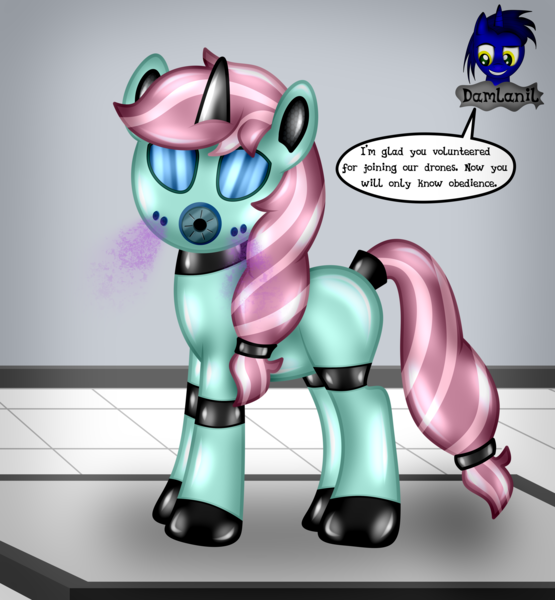 Size: 3840x4154 | Tagged: safe, artist:damlanil, derpibooru import, oc, oc:musica melody, latex pony, original species, pony, unicorn, series:becoming drone, bdsm, bondage, boots, close-up, clothes, collar, comic, commission, damlanil's lab, encasement, female, gas mask, horn, image, laboratory, latex, latex boots, link in description, living latex, mare, mask, mind control, png, restrained, rubber, rubber drone, rubber suit, shiny, shiny mane, shoes, show accurate, solo, speech bubble, story, story included, tail, tail hole, text, transformation, vector