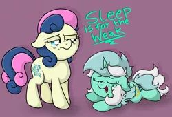 Size: 4125x2799 | Tagged: safe, artist:background basset, derpibooru import, bon bon, lyra heartstrings, sweetie drops, earth pony, pony, unicorn, dialogue, duo, eyes closed, image, open mouth, png, simple background, sleep deprivation, text