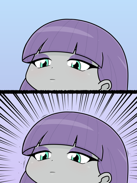 Size: 1668x2224 | Tagged: safe, artist:batipin, derpibooru import, maud pie, equestria girls, 2 panel comic, adorable distress, angry dog noises, anime, blue background, comic, cute, emotionless, eyelashes, eyeshadow, female, image, makeup, maud being maud, meme, png, simple background, solo
