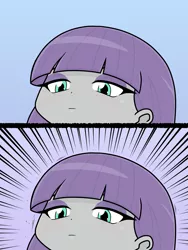 Size: 1668x2224 | Tagged: safe, artist:batipin, derpibooru import, maud pie, equestria girls, 2 panel comic, adorable distress, angry dog noises, anime, blue background, comic, cute, emotionless, eyelashes, eyeshadow, female, image, makeup, meme, png, simple background, solo