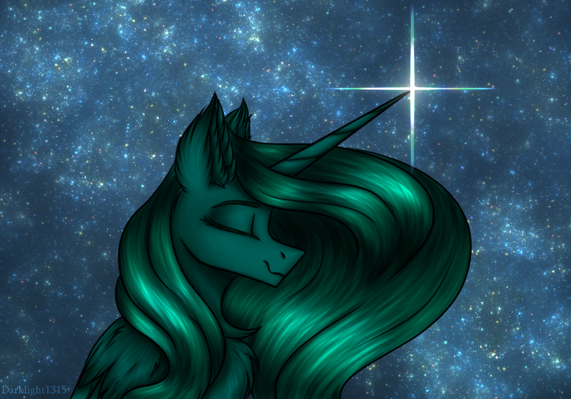 Size: 1000x700 | Tagged: safe, artist:darklight1315, derpibooru import, oc, oc:princess nephrite, unofficial characters only, alicorn, pony, fallout equestria, alicorn oc, artificial alicorn, chest fluff, ear fluff, eyes closed, fallout equestria: dark delirium, green alicorn (fo:e), horn, image, magic, png, smiling, solo, space, stars, wings