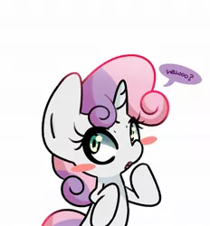 Size: 1800x1936 | Tagged: safe, artist:kindakismet, derpibooru import, sweetie belle, pony, unicorn, blush sticker, blushing, female, filly, foal, heart, hello, horn, image, jpeg, looking at you, open mouth, simple background, solo, speech bubble, talking, white background