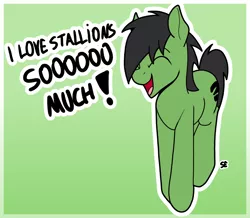 Size: 1424x1244 | Tagged: safe, artist:sefastpone, derpibooru import, oc, oc:anon stallion, unofficial characters only, earth pony, pony, abstract background, digital art, image, implied gay, jumping, male, png, sefast's anon, speech bubble, stallion, yelling