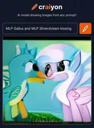 Size: 1162x1588 | Tagged: safe, craiyon, dall·e mini, derpibooru import, machine learning generated, gallus, silverstream, classical hippogriff, gryphon, hippogriff, duel, female, gallstream, image, kissing, male, png, shipping, straight