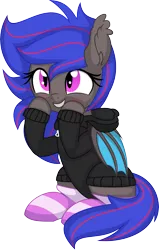 Size: 5113x8057 | Tagged: safe, artist:cyanlightning, derpibooru import, oc, oc:ebony rose, unofficial characters only, bat pony, pony, bat pony oc, bat wings, clothes, commission, commissioner:wolfgangrd, ear tufts, eyelashes, grin, hoodie, hooves on cheeks, image, png, simple background, sitting, smiling, socks, striped socks, sweater, transparent background, wings
