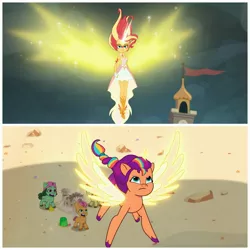 Size: 3464x3464 | Tagged: safe, derpibooru import, edit, edited screencap, screencap, sunny starscout, sunset shimmer, alicorn, pony, equestria girls, friendship games, my little pony: a new generation, my little pony: tell your tale, alicornified, artificial alicorn, artificial horn, artificial wings, augmented, daydream shimmer, foal, g5, horn, image, jpeg, magic, magic horn, magic wings, race swap, sunnycorn, wings
