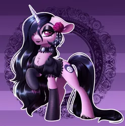 Size: 2083x2098 | Tagged: safe, artist:_ladybanshee_, derpibooru import, izzy moonbow, pony, unicorn, my little pony: a new generation, chest fluff, ear fluff, fetlock tuft, g5, goth, goth izzy, gothic, gothic lolita, image, jpeg, solo, unshorn fetlocks