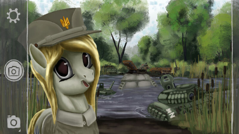 Size: 1280x720 | Tagged: safe, artist:dr-fade, derpibooru import, oc, oc:ukraine, ponified, pony, current events, image, implied russia, jpeg, nation ponies, politics, river, sinking, solo, tank (vehicle), ukraine, war, water, z (military symbol)