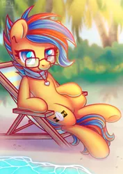 Size: 2150x3035 | Tagged: safe, artist:musicfirewind, derpibooru import, oc, oc:soundwave, unofficial characters only, earth pony, pony, beach chair, chair, glasses, image, jewelry, jpeg, pendant, sitting, solo