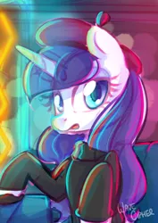 Size: 2480x3508 | Tagged: safe, artist:musicfirewind, derpibooru import, rarity, pony, unicorn, beatnik rarity, beret, clothes, female, hat, image, jpeg, mare, open mouth, solo, sweater, wip