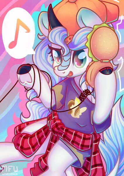 Size: 2480x3508 | Tagged: safe, artist:musicfirewind, derpibooru import, oc, oc:lumi, unofficial characters only, kirin, '90s, backwards ballcap, baseball cap, cap, clothes, hat, high res, image, jpeg, phone, shirt, solo, speech bubble, t-shirt