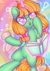 Size: 2480x3508 | Tagged: safe, artist:musicfirewind, derpibooru import, oc, unofficial characters only, pony, unicorn, book, cup, dork, glasses, high res, hoof on cheek, image, jpeg, open mouth, pigtails, solo